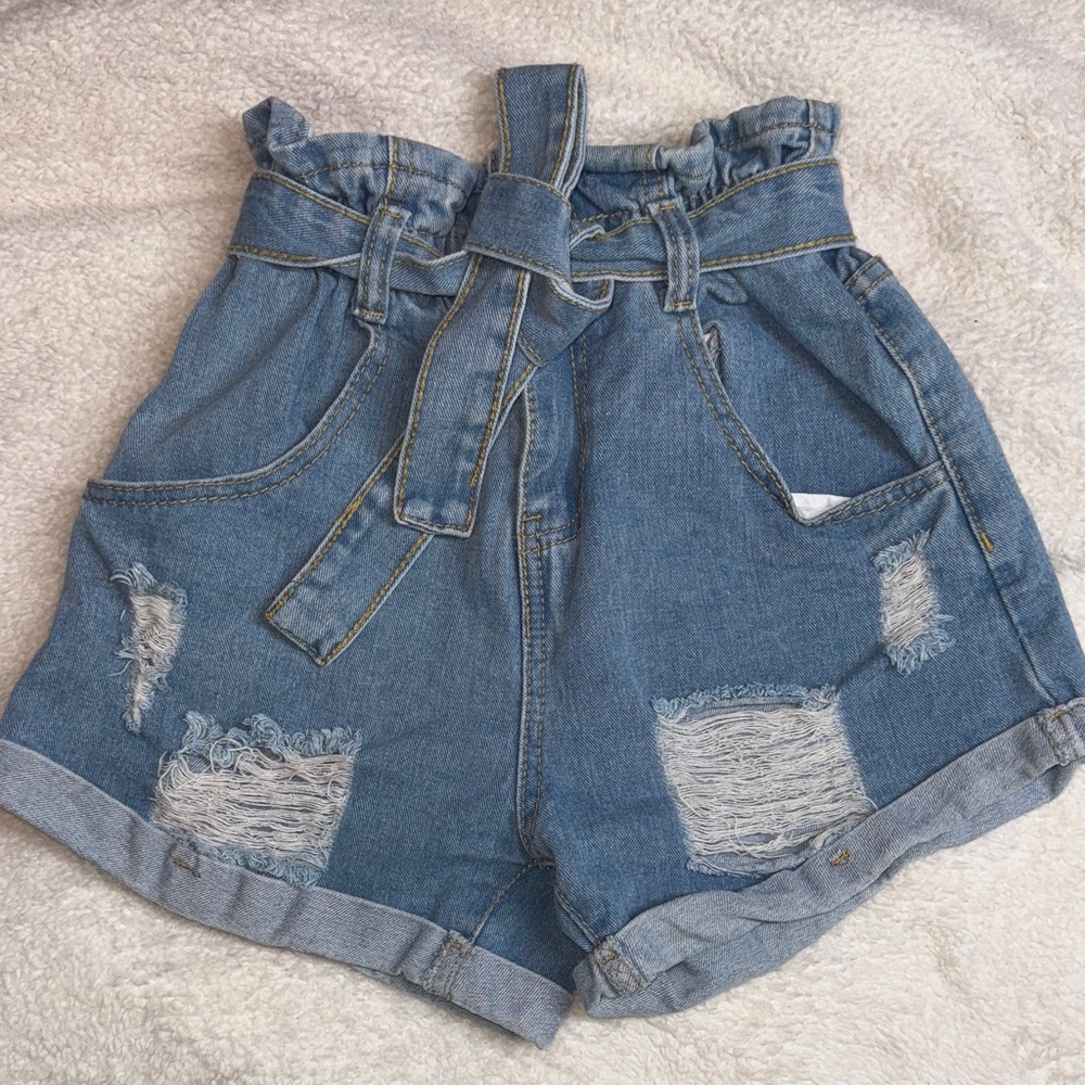SHEIN Blue Distressed Paperbag Jean Shorts